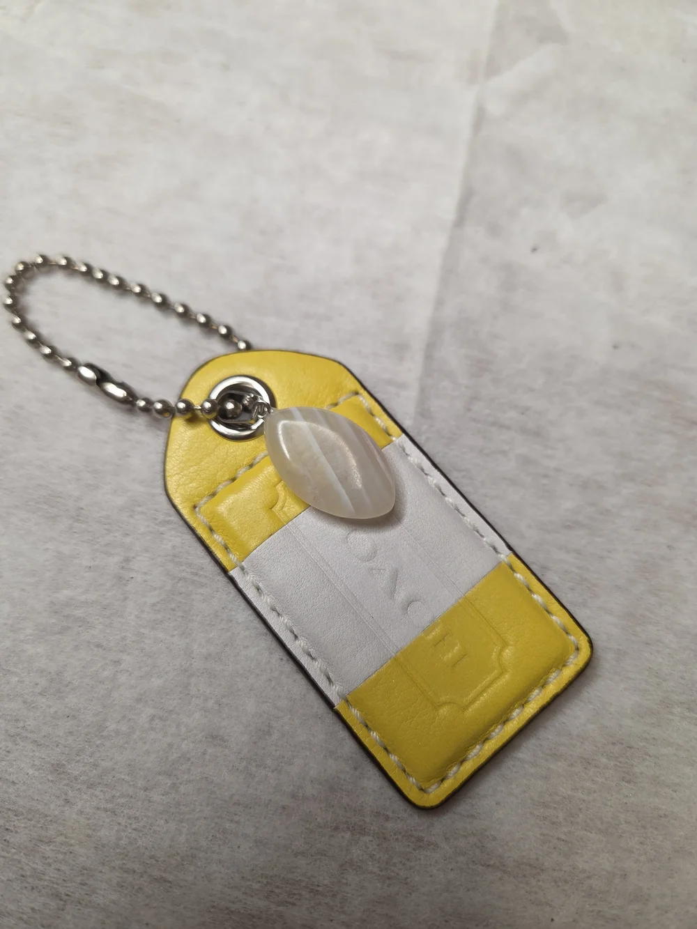 Coach Yellow and White Leather Hangtag Replacement with Silver Ball Chain/Stone